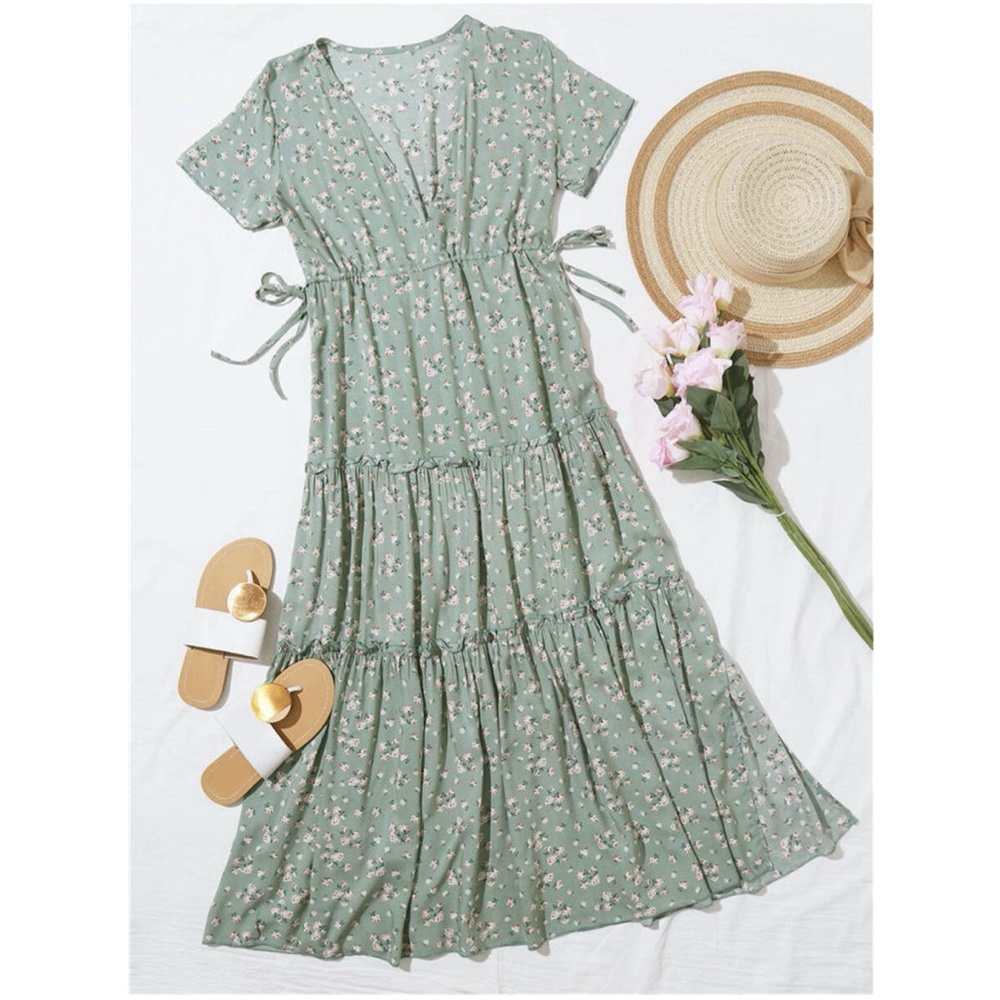 019 Boho Sage Green Floral Print Ruffle Midi Dress - Picture 2 of 5